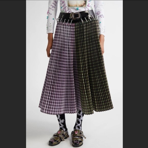 Chopova Lowena Catherine Mixed Plaid Pleated Carabiner Midi Skirt, size L NWT - Picture 3 of 10